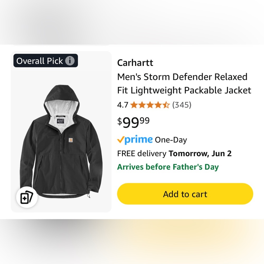 Carhartt Black Storm Defender Raincoat Lightweight Waterproof